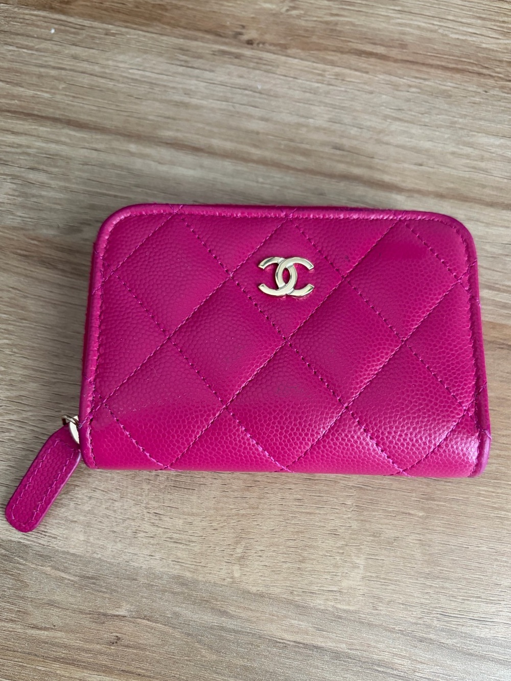 CHANEL Quilted Zip Card Wallet - Fuchsia with Gold CC *Authentic*